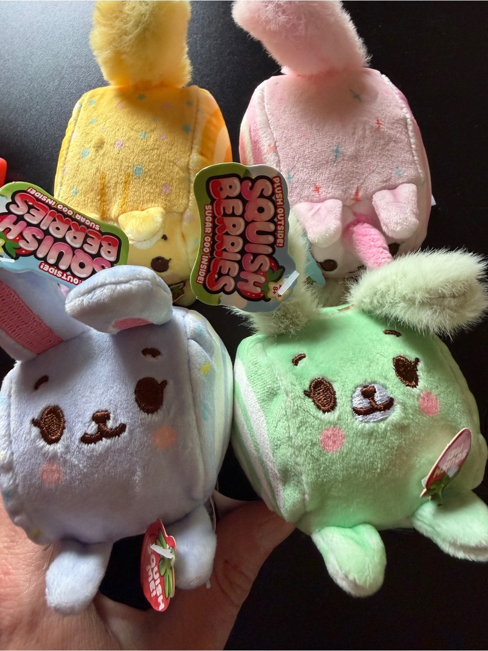 New 4 Squishy Scented Squish Berries Sugar Goo Inside Plush Toy Kitty Bunny Dog